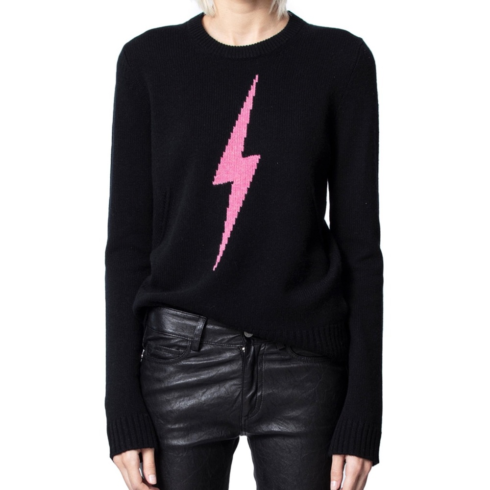 Zadig & Voltaire Black Crewneck Sweater with Pink Lightning Bolt